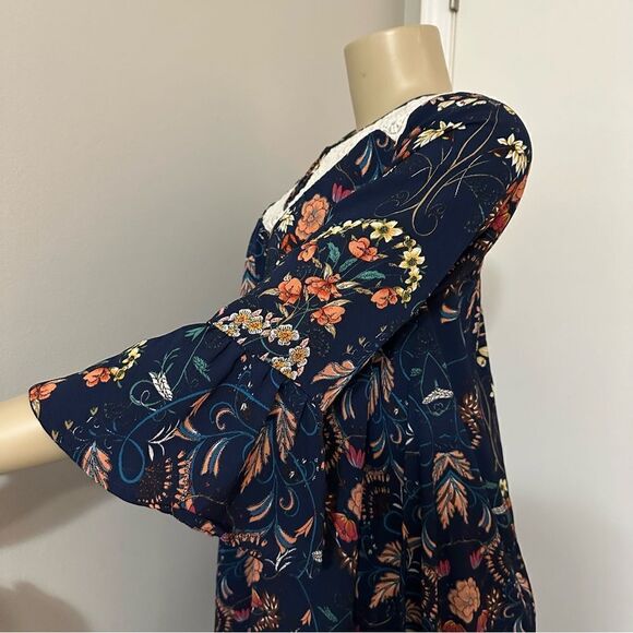 Umgee Floral Boho Navy Tunic Top Mini Dress Size Small Sheer lace Cutout - Picture 8 of 8
